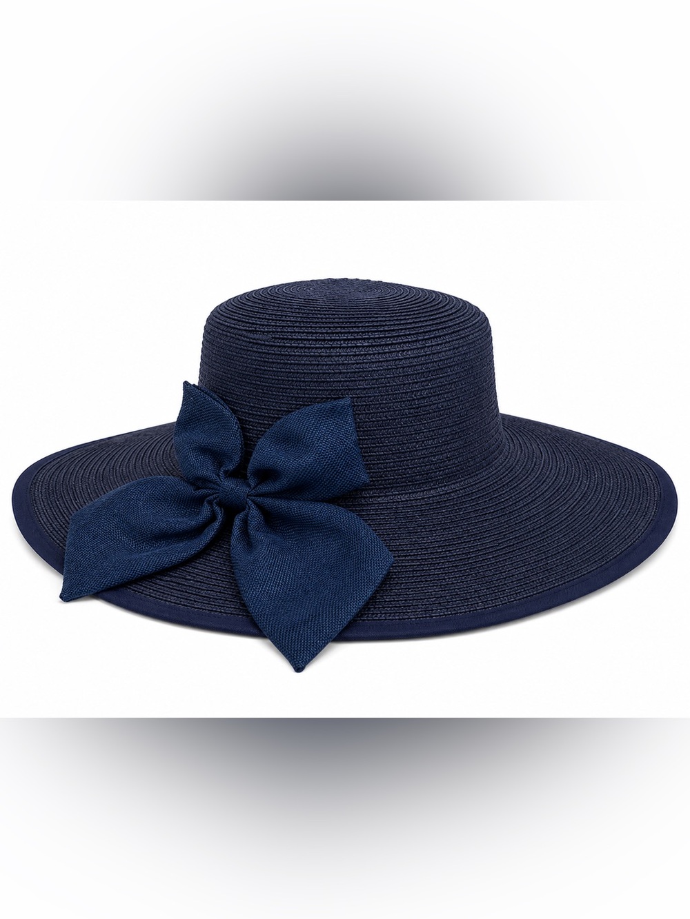Navy Blue Bow Woven Sun Hat Women Wide Brim Floppy Vacation